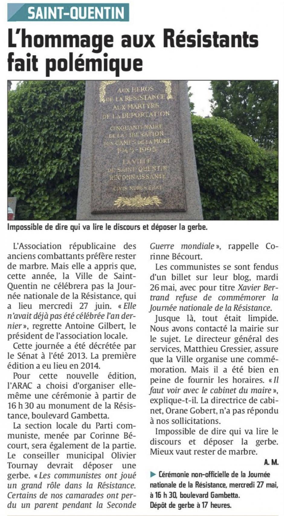 20150527-CP-Saint-Quentin-L'hommage aux Résistants fait polémique