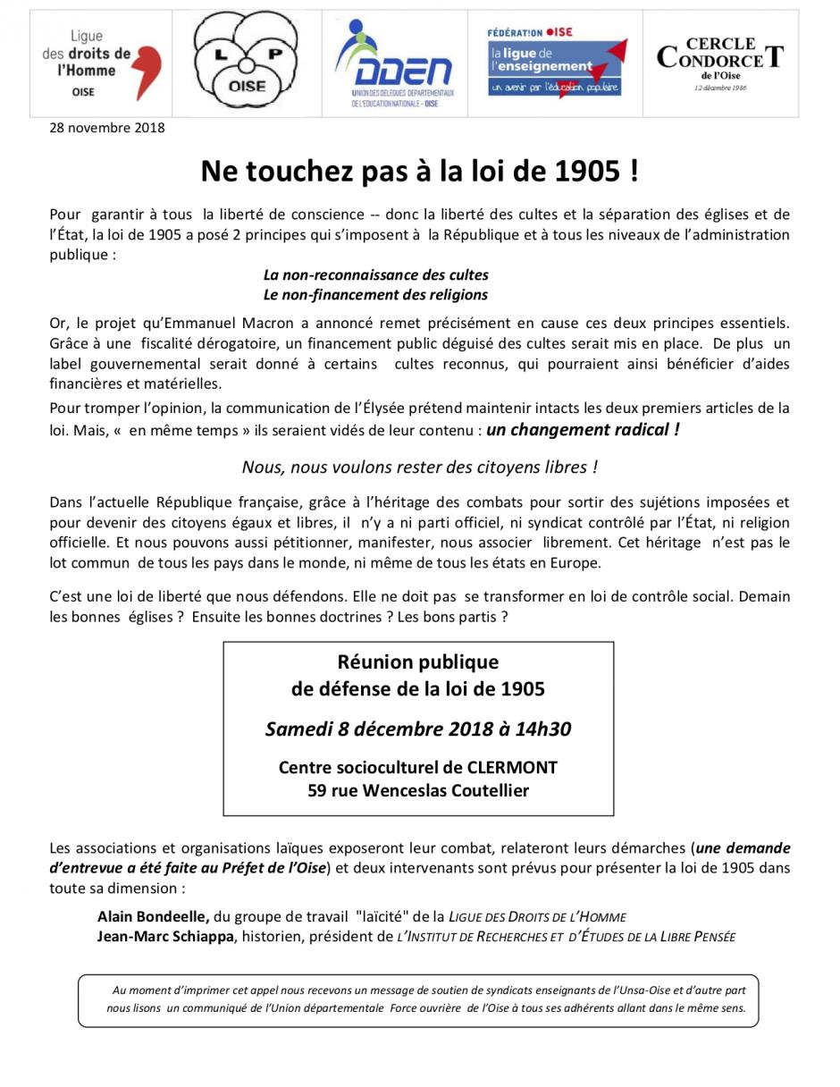 8 décembre, Clermont - Libre Pensée-LDH-…-Réunion publique de défense de la loi de 1905
